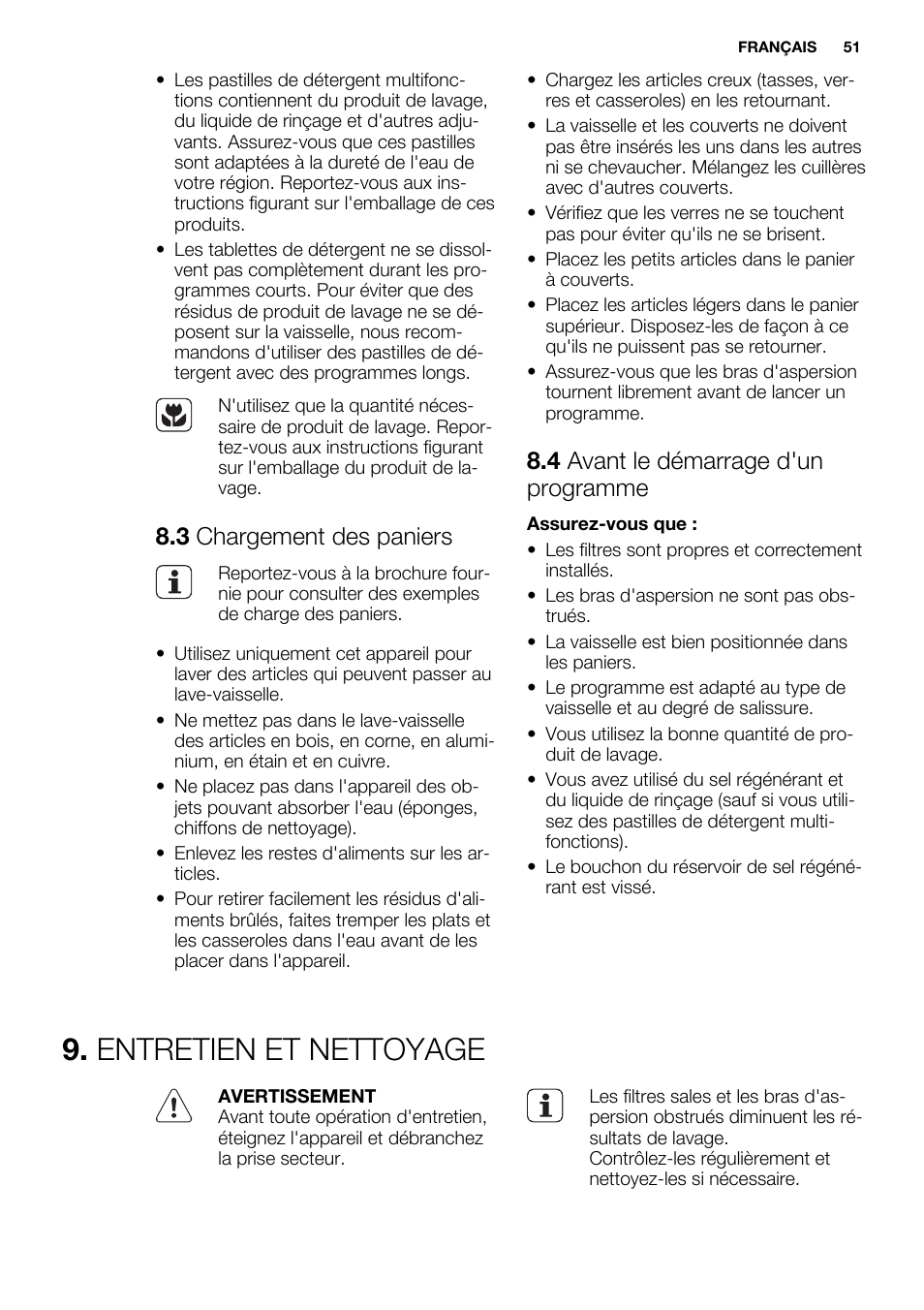 Entretien et nettoyage, 3 chargement des paniers, 4 avant le démarrage d'un programme | Electrolux ESI6700RAX User Manual | Page 51 / 76