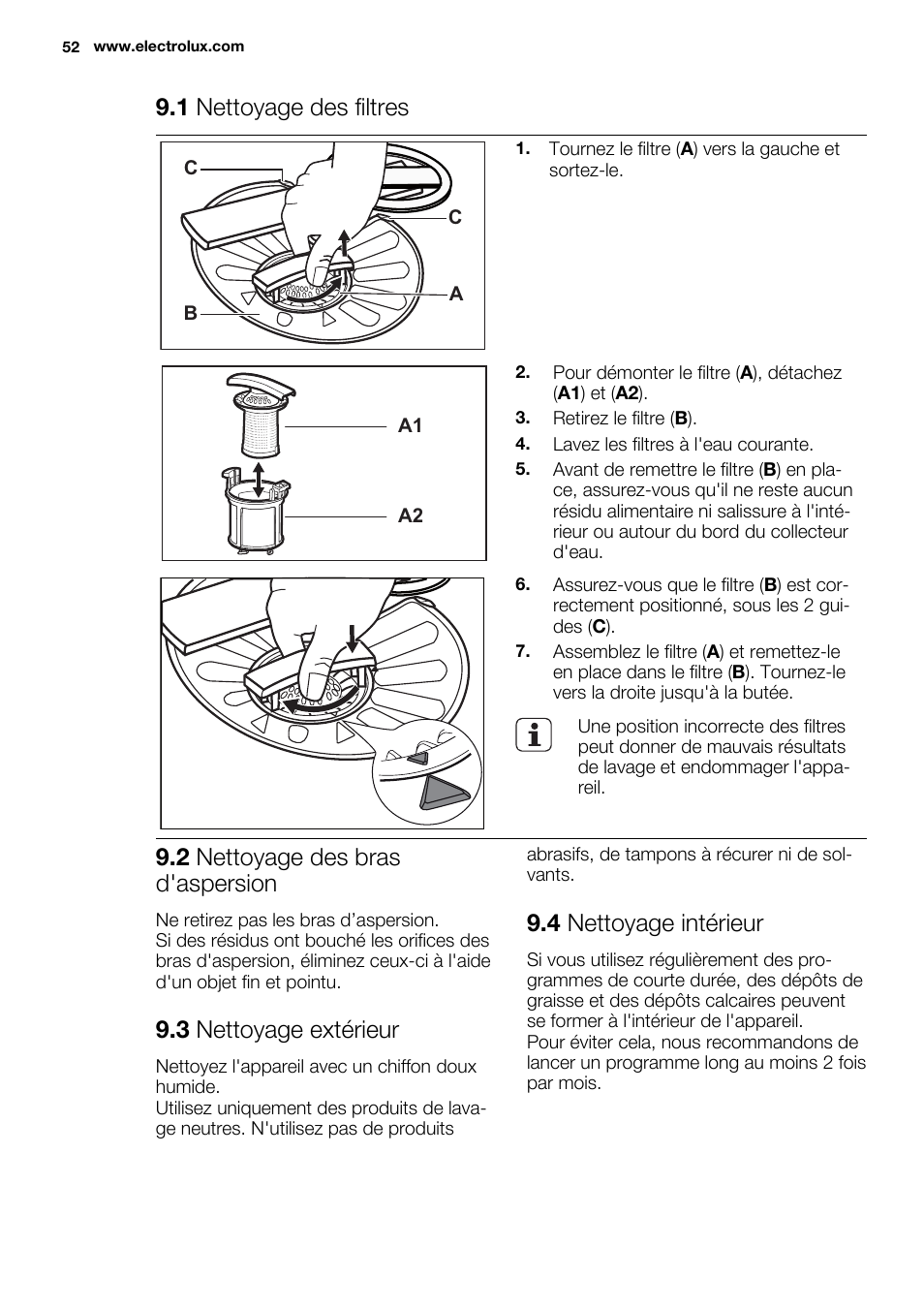 1 nettoyage des filtres, 2 nettoyage des bras d'aspersion, 3 nettoyage extérieur | 4 nettoyage intérieur | Electrolux ESI6700RAX User Manual | Page 52 / 76