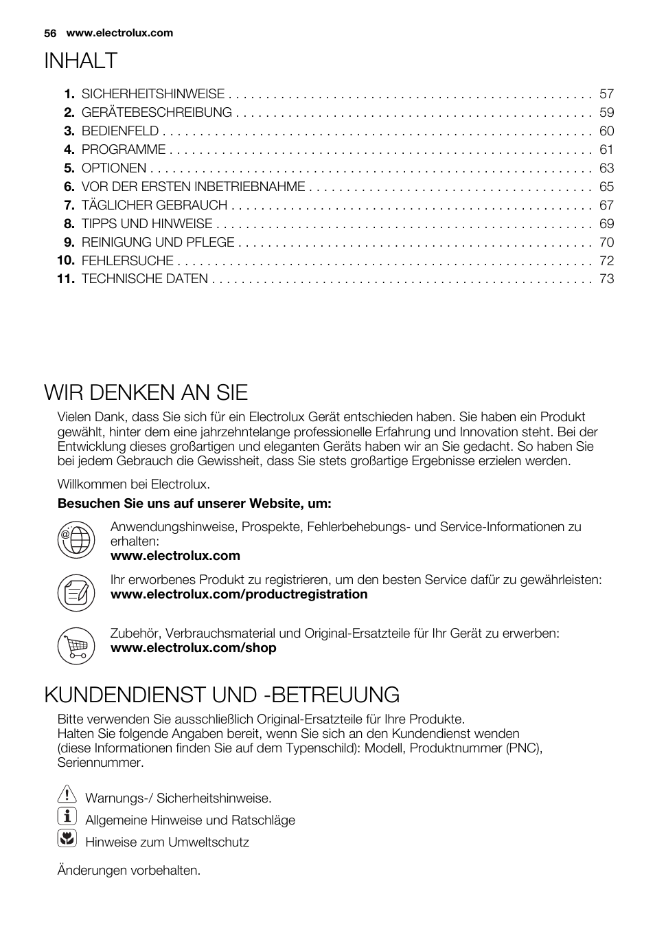 Inhalt, Wir denken an sie, Kundendienst und -betreuung | Electrolux ESI6700RAX User Manual | Page 56 / 76