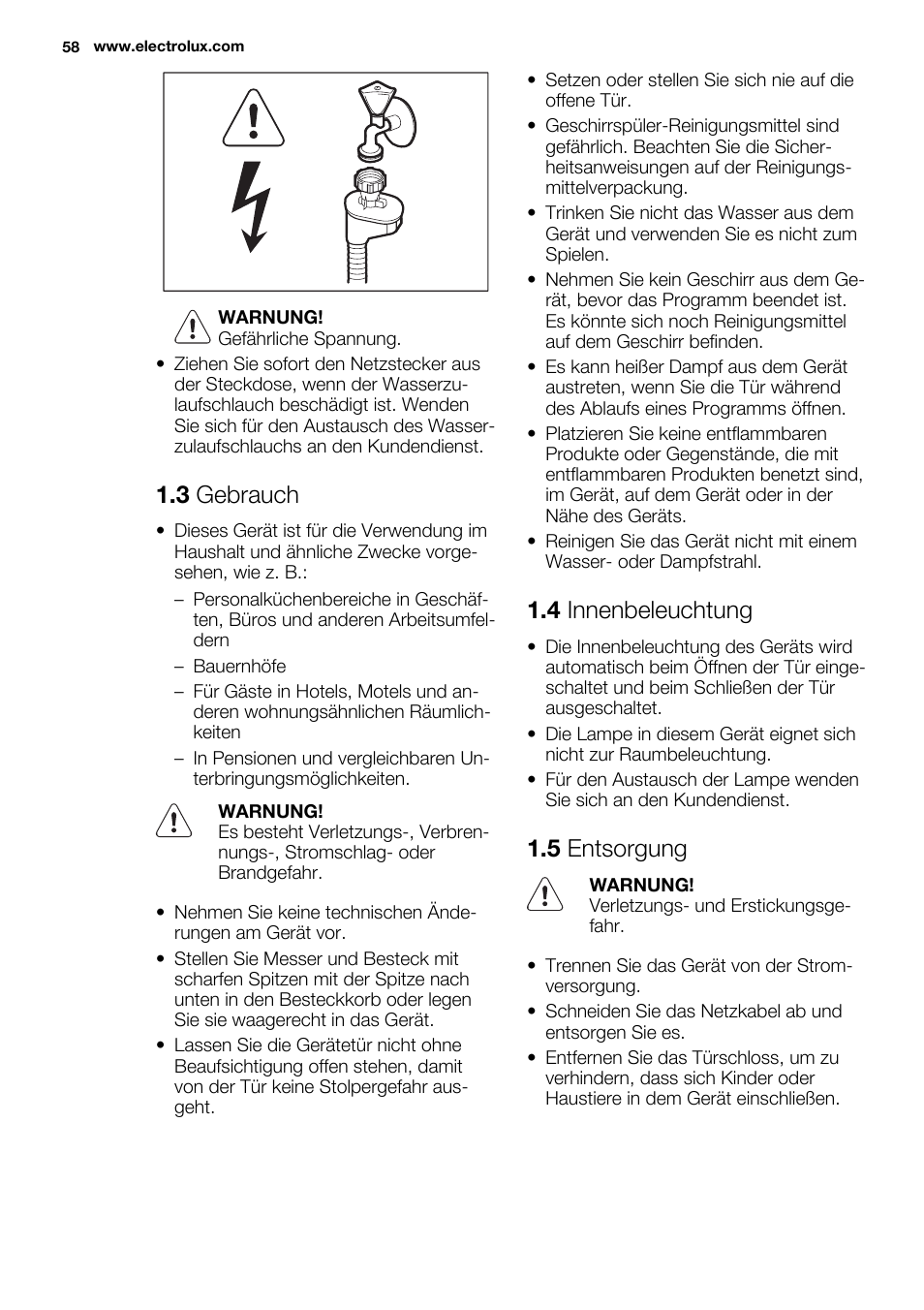 3 gebrauch, 4 innenbeleuchtung, 5 entsorgung | Electrolux ESI6700RAX User Manual | Page 58 / 76