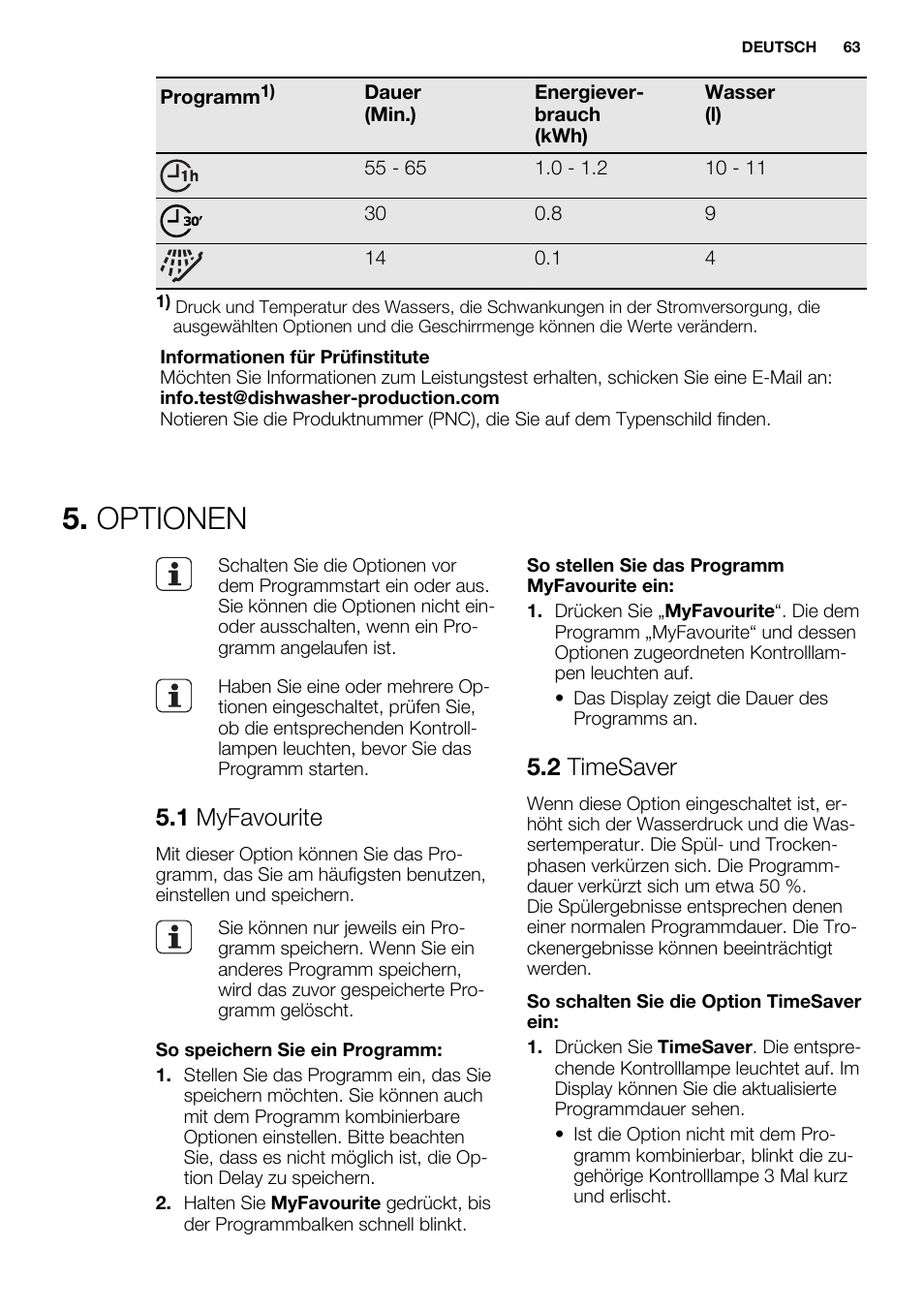 Optionen, 1 myfavourite, 2 timesaver | Electrolux ESI6700RAX User Manual | Page 63 / 76