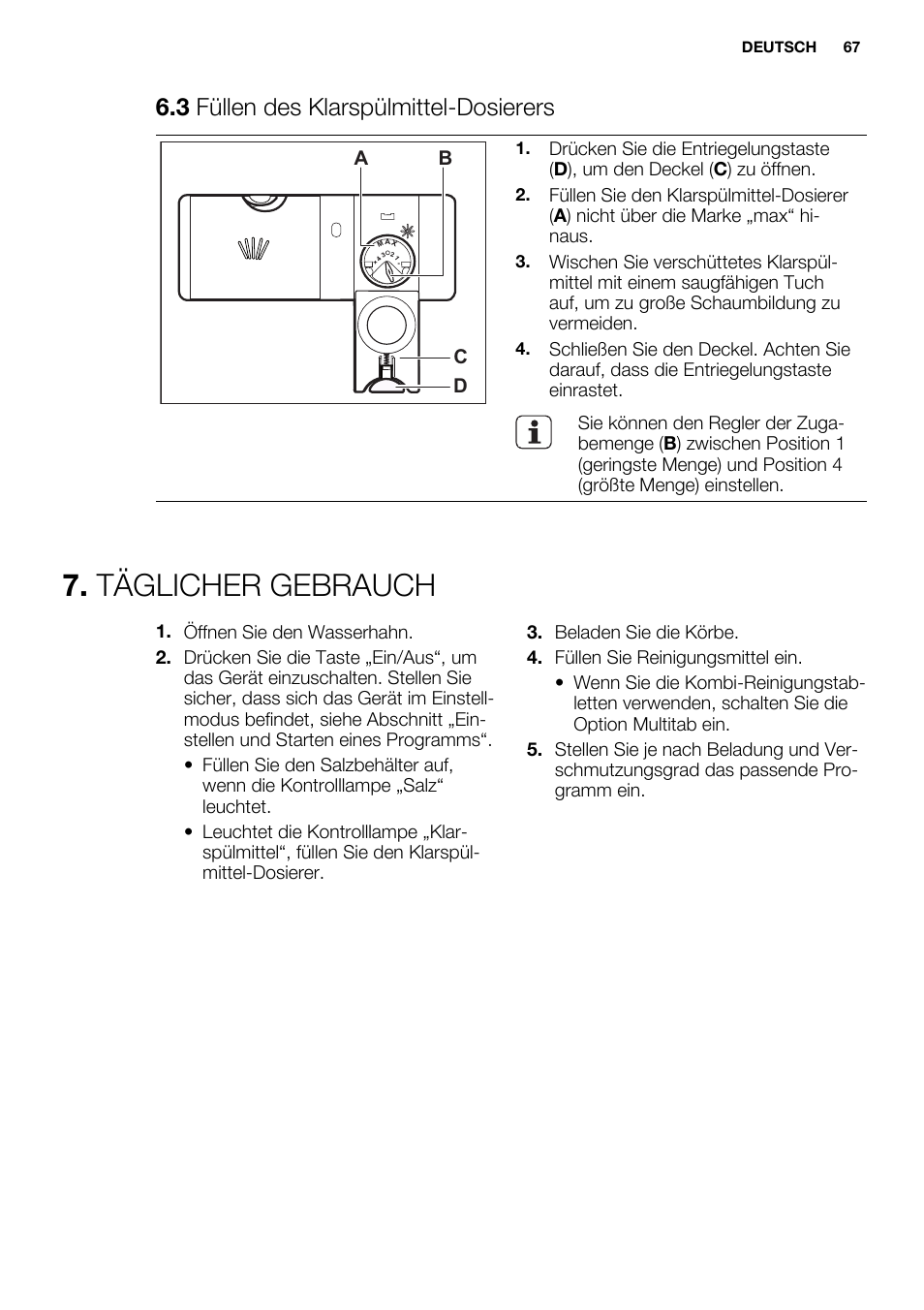 Täglicher gebrauch, 3 füllen des klarspülmittel-dosierers | Electrolux ESI6700RAX User Manual | Page 67 / 76