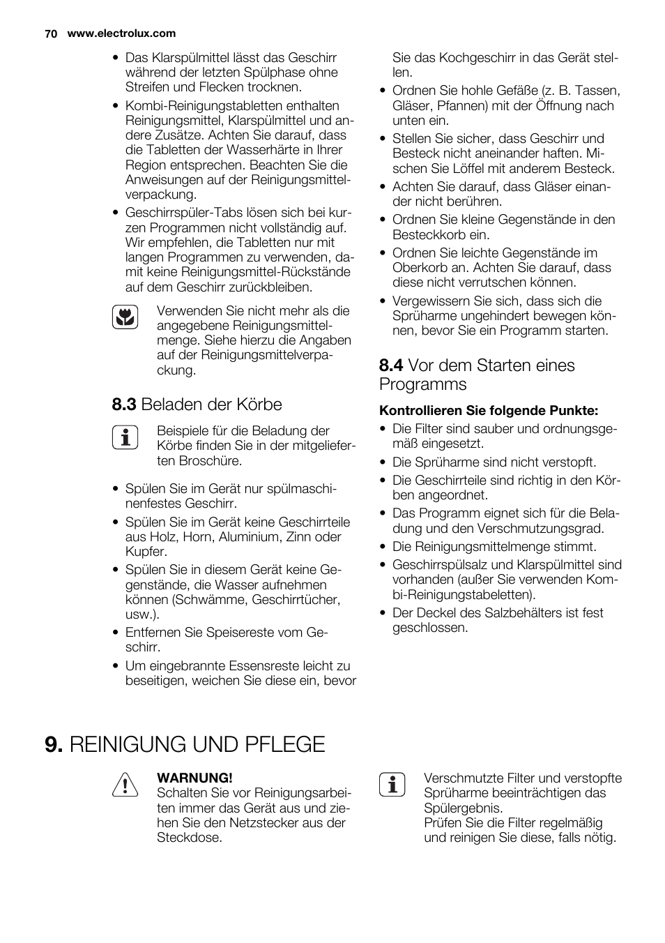 Reinigung und pflege, 3 beladen der körbe, 4 vor dem starten eines programms | Electrolux ESI6700RAX User Manual | Page 70 / 76