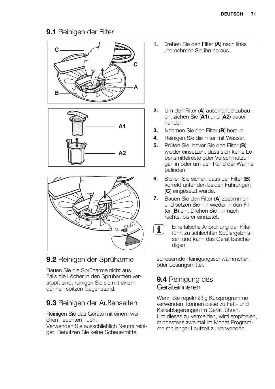 1 reinigen der filter, 2 reinigen der sprüharme, 3 reinigen der außenseiten | 4 reinigung des geräteinneren | Electrolux ESI6700RAX User Manual | Page 71 / 76