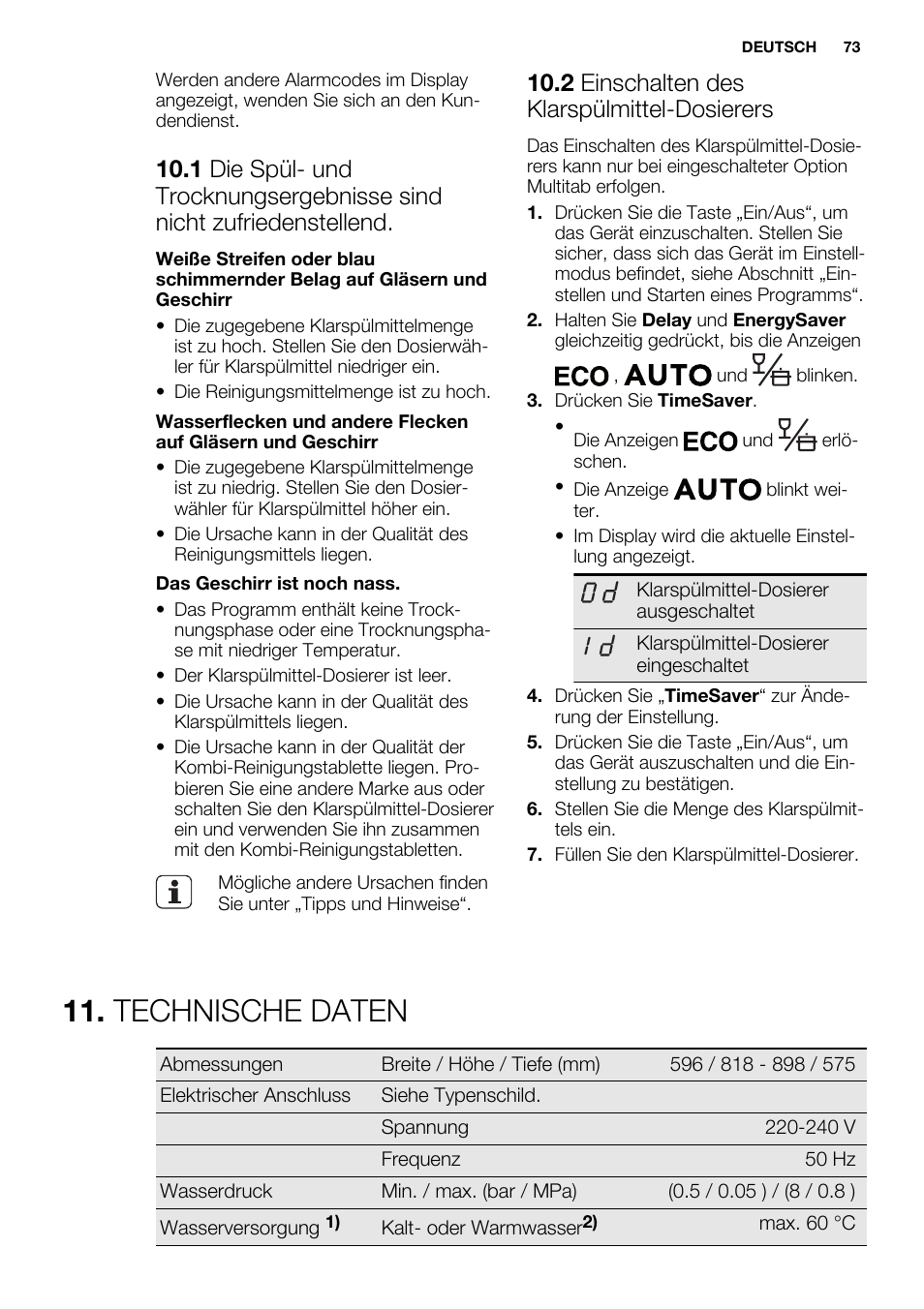 Technische daten, 2 einschalten des klarspülmittel-dosierers | Electrolux ESI6700RAX User Manual | Page 73 / 76