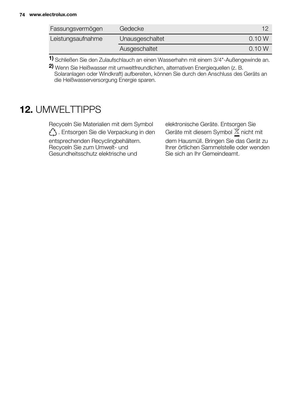 Umwelttipps | Electrolux ESI6700RAX User Manual | Page 74 / 76