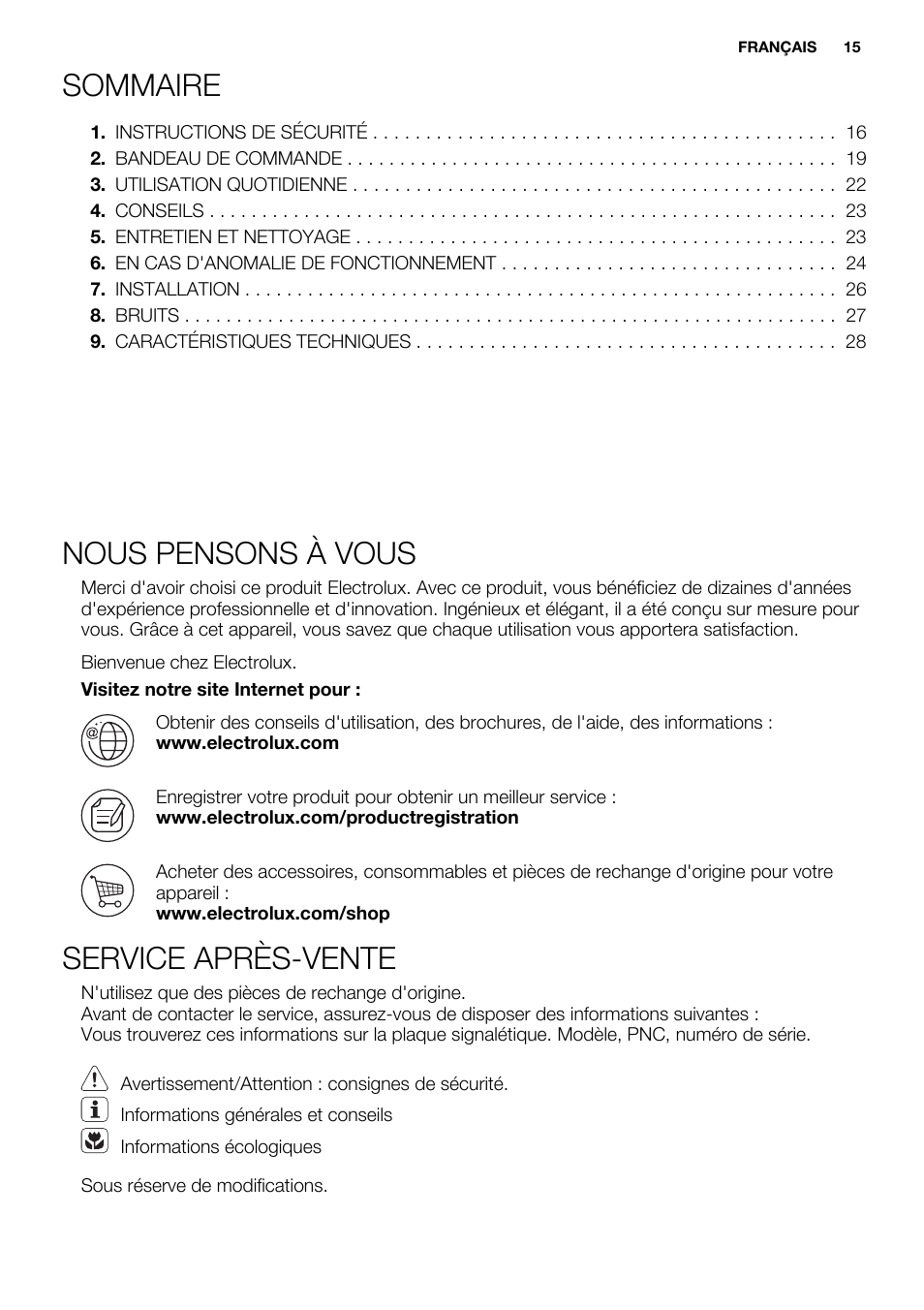 Sommaire, Nous pensons à vous, Service après-vente | Electrolux EUG2243AOW User Manual | Page 15 / 44