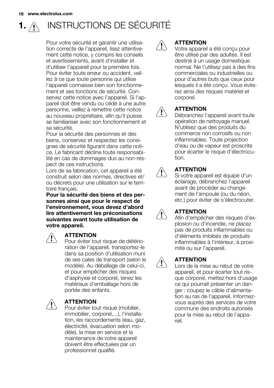 Instructions de sécurité | Electrolux EUG2243AOW User Manual | Page 16 / 44