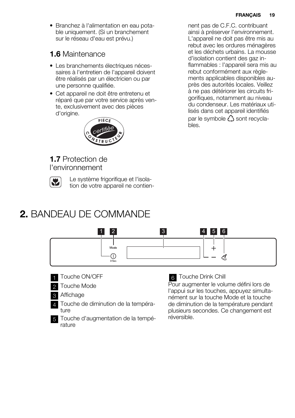 Bandeau de commande, 6 maintenance, 7 protection de l'environnement | Electrolux EUG2243AOW User Manual | Page 19 / 44