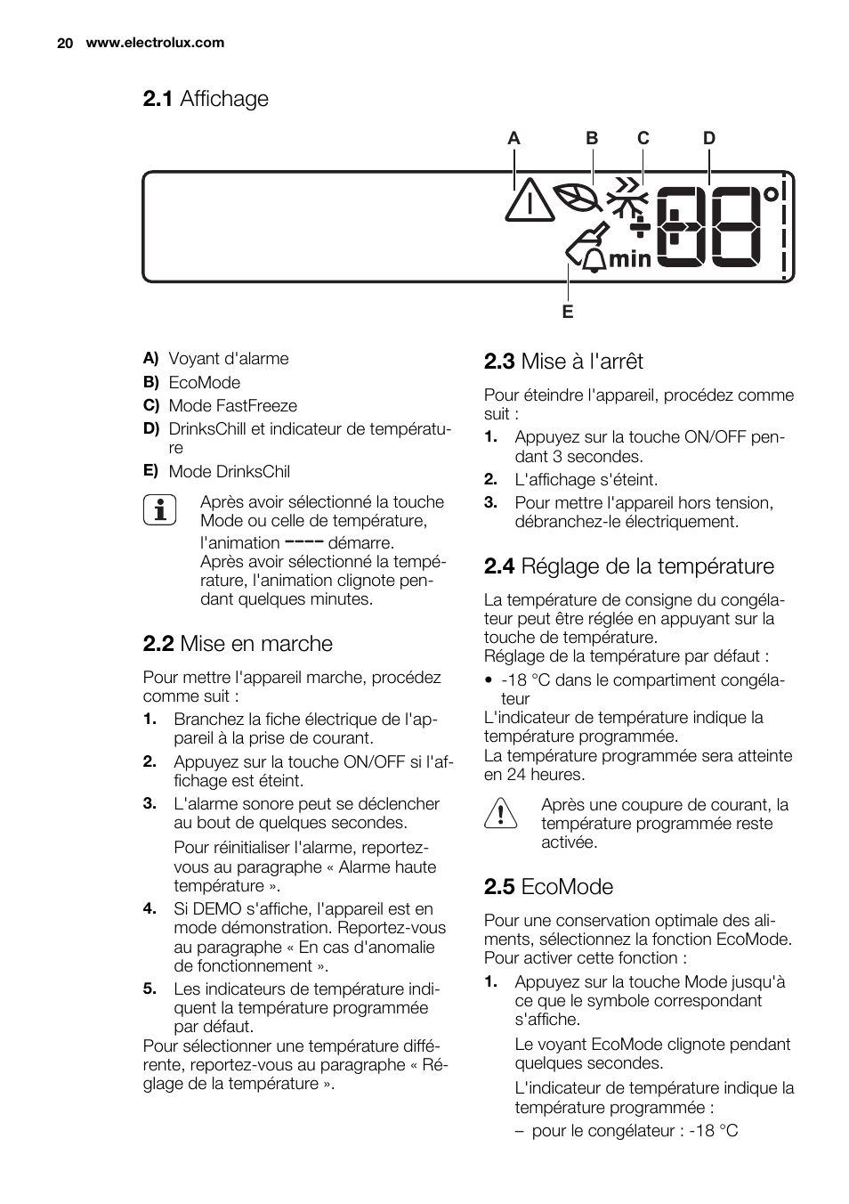 1 affichage, 2 mise en marche, 3 mise à l'arrêt | 4 réglage de la température, 5 ecomode | Electrolux EUG2243AOW User Manual | Page 20 / 44