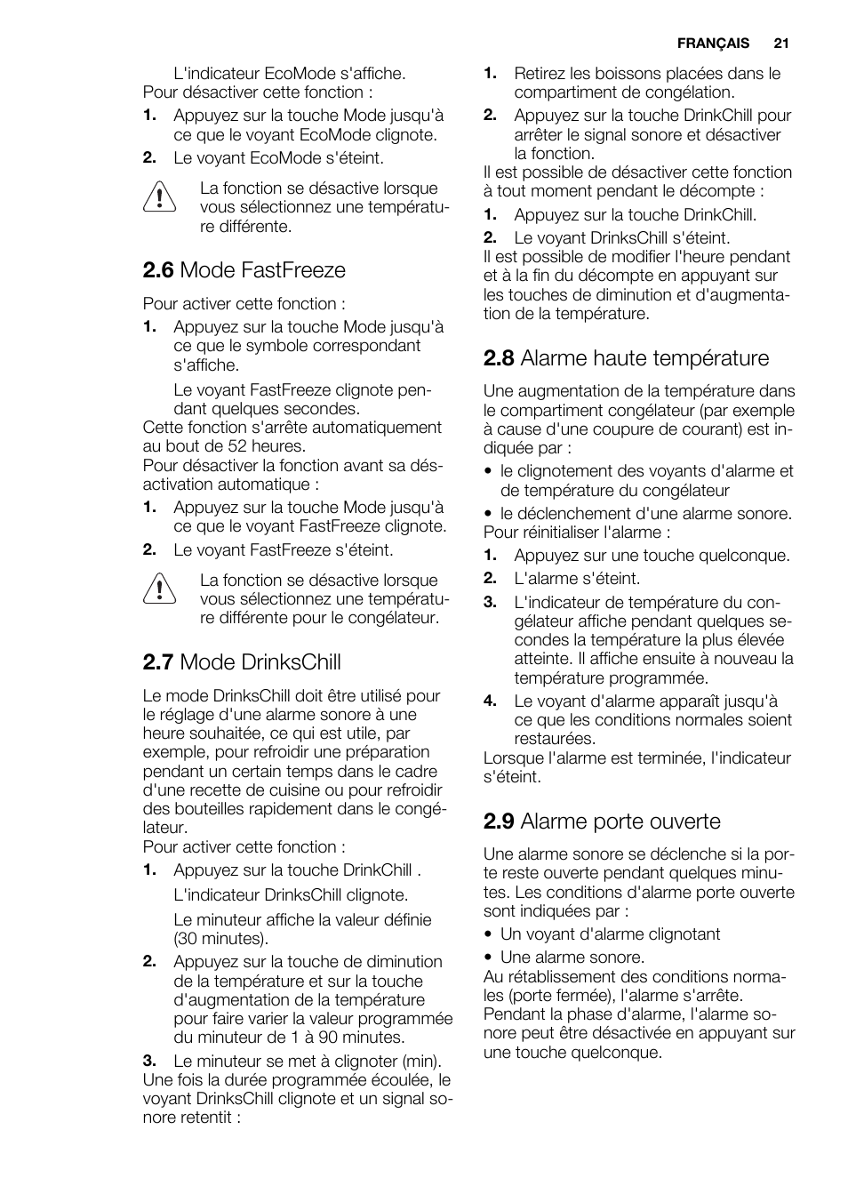 6 mode fastfreeze, 7 mode drinkschill, 8 alarme haute température | 9 alarme porte ouverte | Electrolux EUG2243AOW User Manual | Page 21 / 44