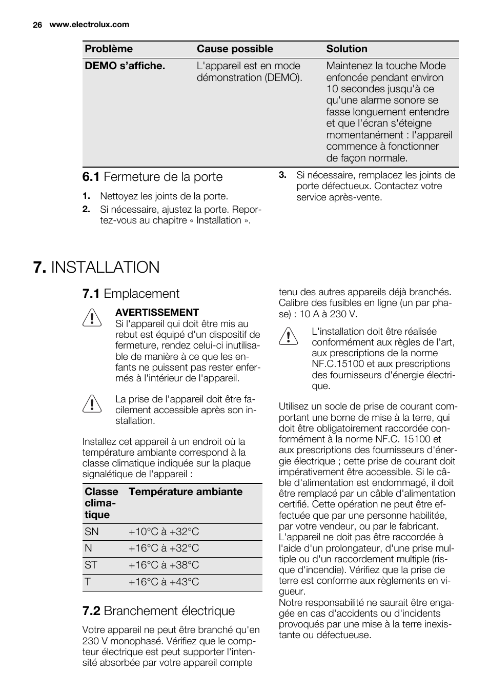 Installation, 1 fermeture de la porte, 1 emplacement | 2 branchement électrique | Electrolux EUG2243AOW User Manual | Page 26 / 44