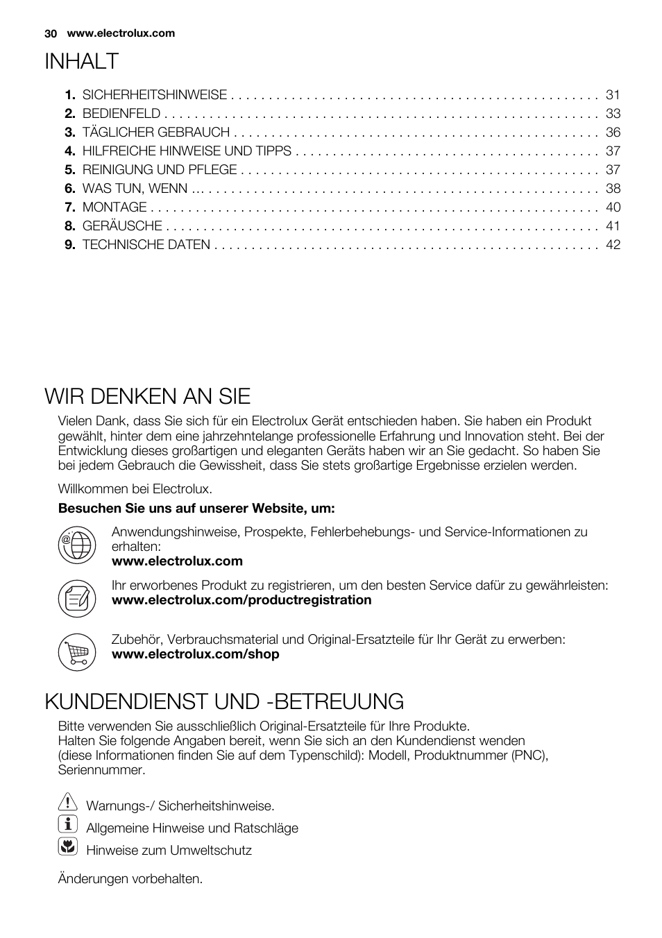Inhalt, Wir denken an sie, Kundendienst und -betreuung | Electrolux EUG2243AOW User Manual | Page 30 / 44