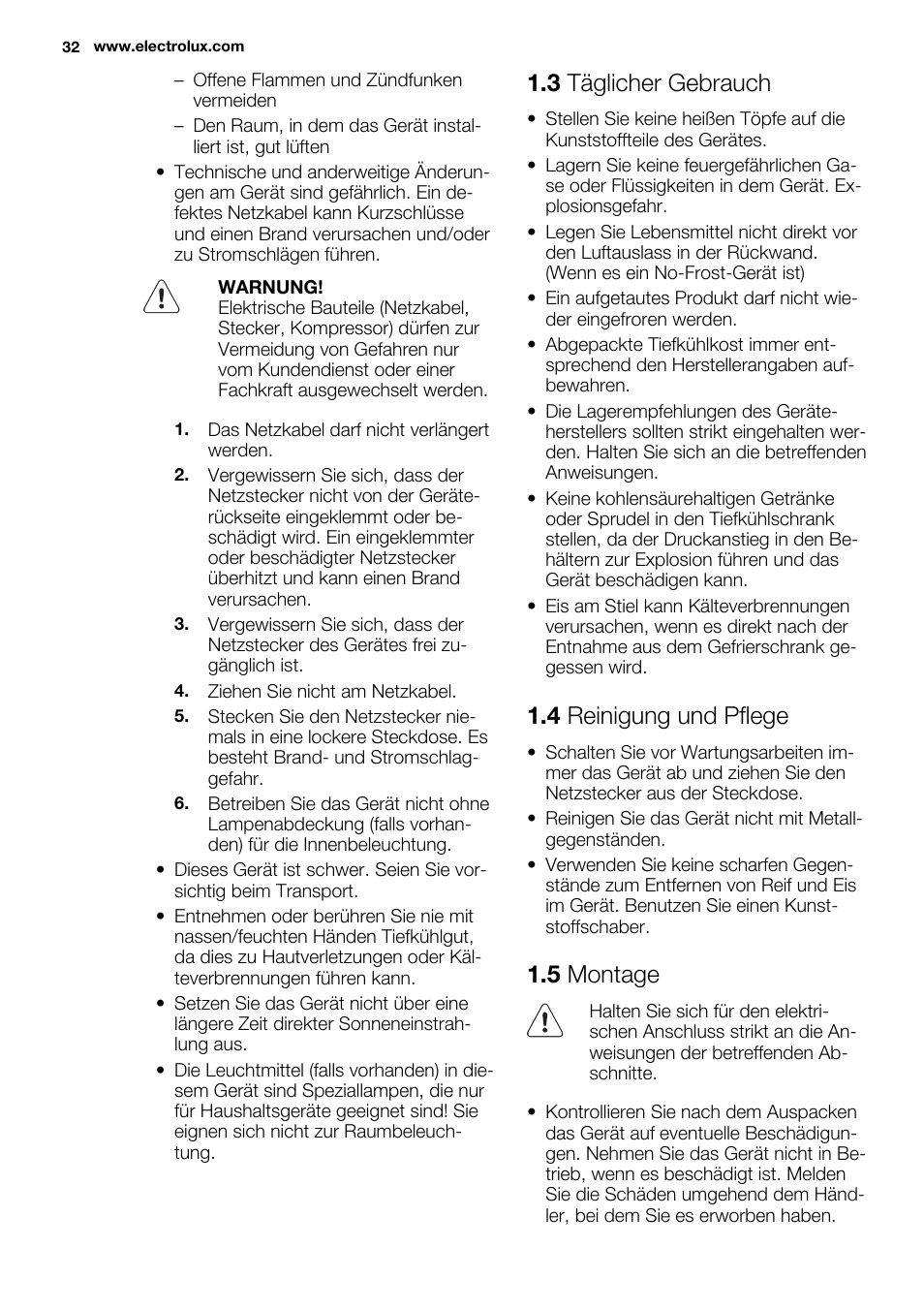 3 täglicher gebrauch, 4 reinigung und pflege, 5 montage | Electrolux EUG2243AOW User Manual | Page 32 / 44