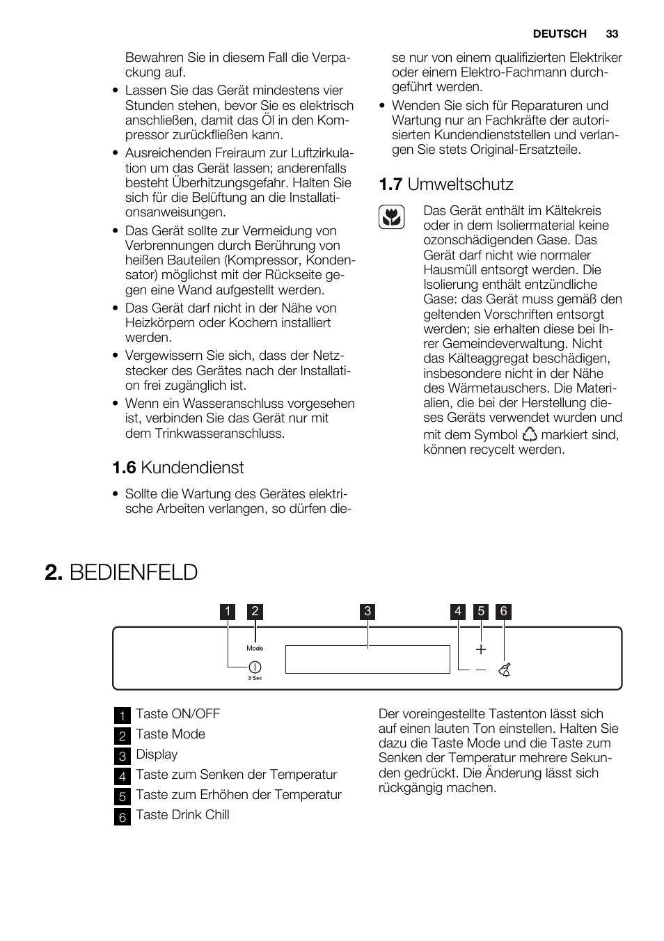 Bedienfeld, 6 kundendienst, 7 umweltschutz | Electrolux EUG2243AOW User Manual | Page 33 / 44