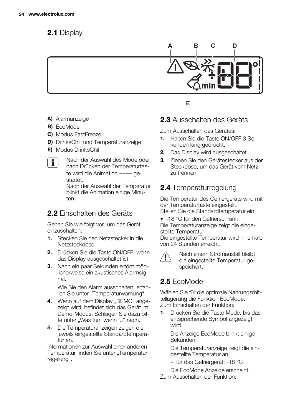 1 display, 2 einschalten des geräts, 3 ausschalten des geräts | 4 temperaturregelung, 5 ecomode | Electrolux EUG2243AOW User Manual | Page 34 / 44