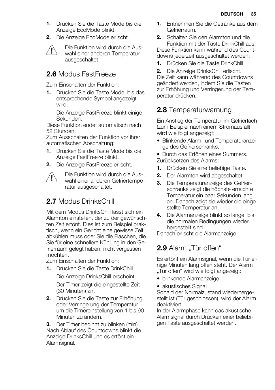 6 modus fastfreeze, 7 modus drinkschill, 8 temperaturwarnung | 9 alarm „tür offen | Electrolux EUG2243AOW User Manual | Page 35 / 44