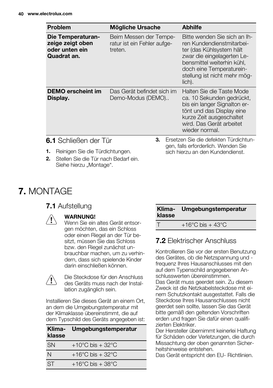 Montage, 1 schließen der tür, 1 aufstellung | 2 elektrischer anschluss | Electrolux EUG2243AOW User Manual | Page 40 / 44