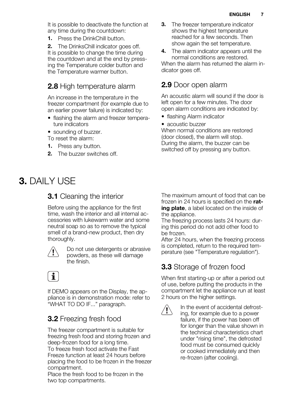 Daily use, 8 high temperature alarm, 9 door open alarm | 1 cleaning the interior, 2 freezing fresh food, 3 storage of frozen food | Electrolux EUG2243AOW User Manual | Page 7 / 44