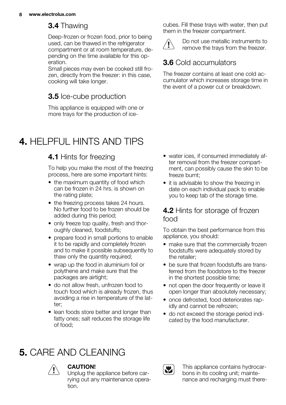 Helpful hints and tips, Care and cleaning, 4 thawing | 5 ice-cube production, 6 cold accumulators, 1 hints for freezing, 2 hints for storage of frozen food | Electrolux EUG2243AOW User Manual | Page 8 / 44