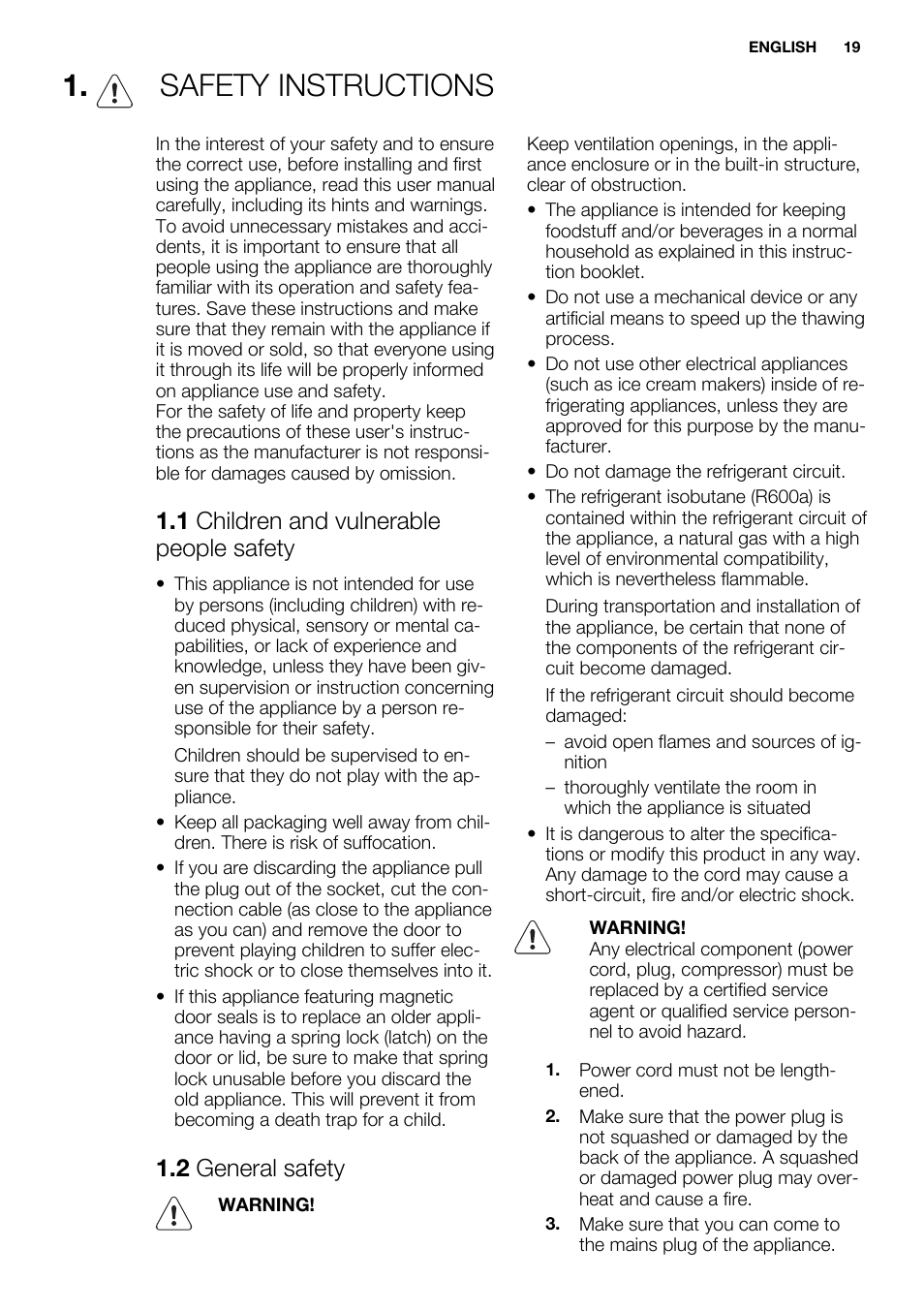Safety instructions, 1 children and vulnerable people safety, 2 general safety | Electrolux ENG2913AOW User Manual | Page 19 / 72