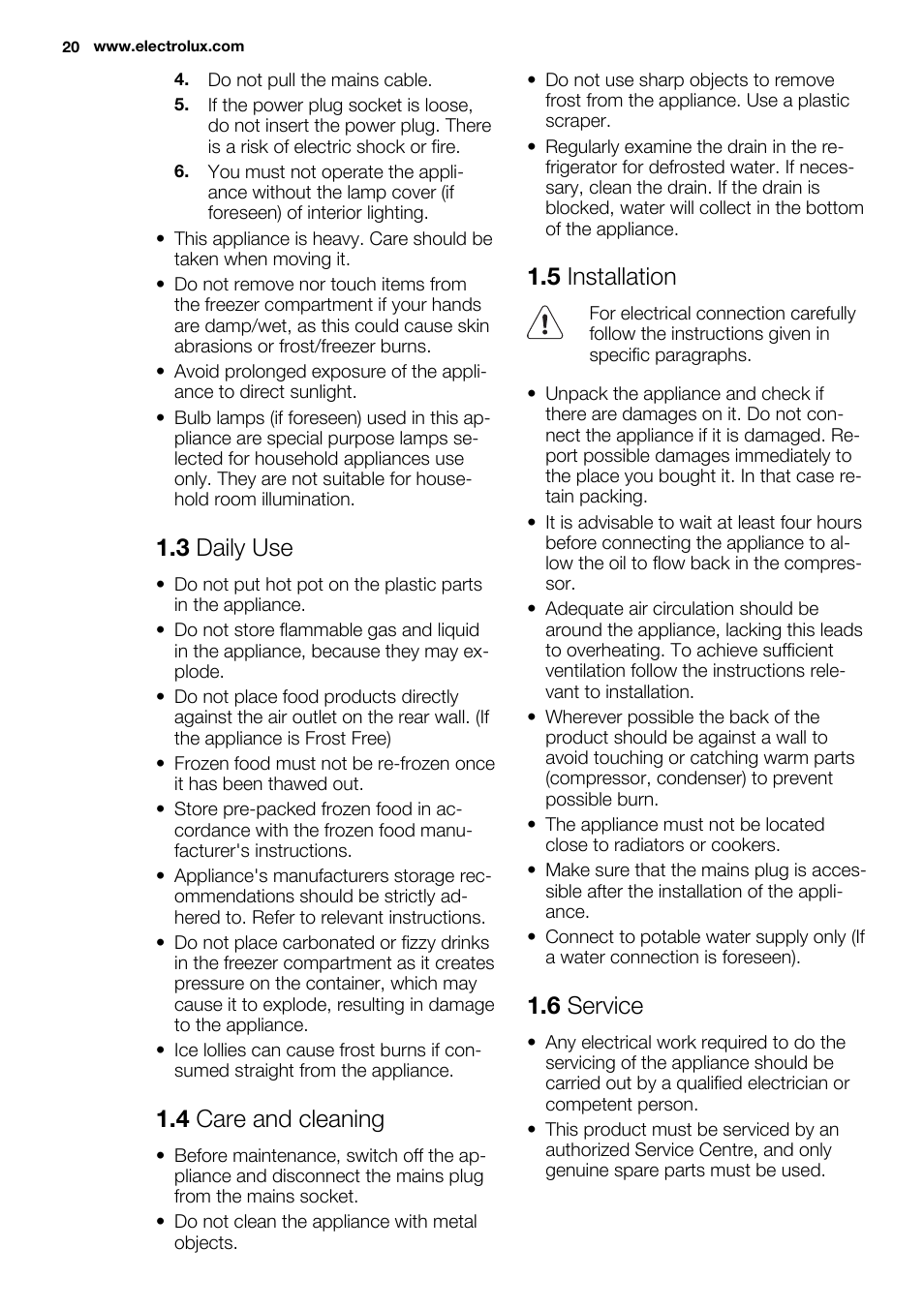 3 daily use, 4 care and cleaning, 5 installation | 6 service | Electrolux ENG2913AOW User Manual | Page 20 / 72