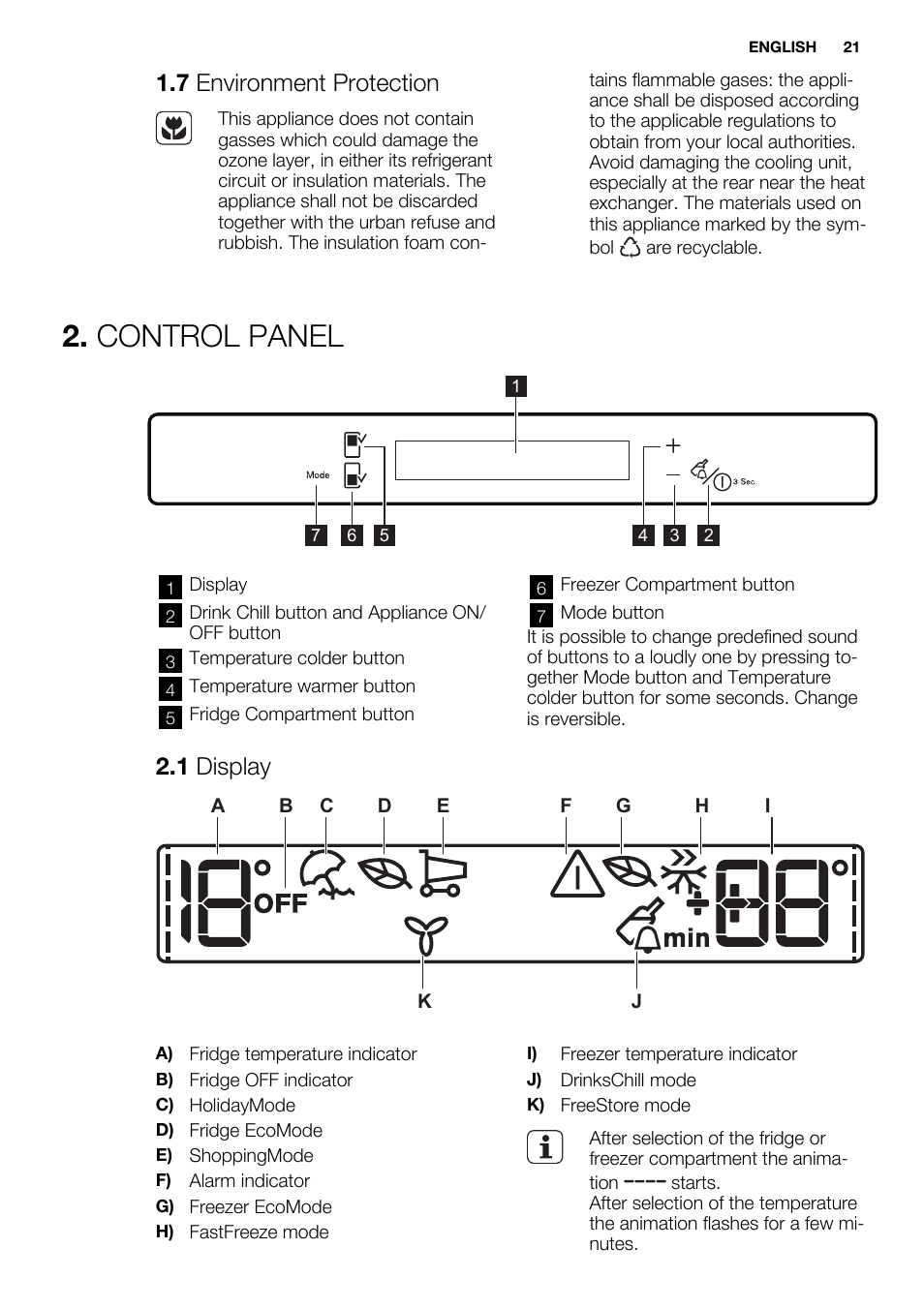 Control panel, 7 environment protection, 1 display | Electrolux ENG2913AOW User Manual | Page 21 / 72