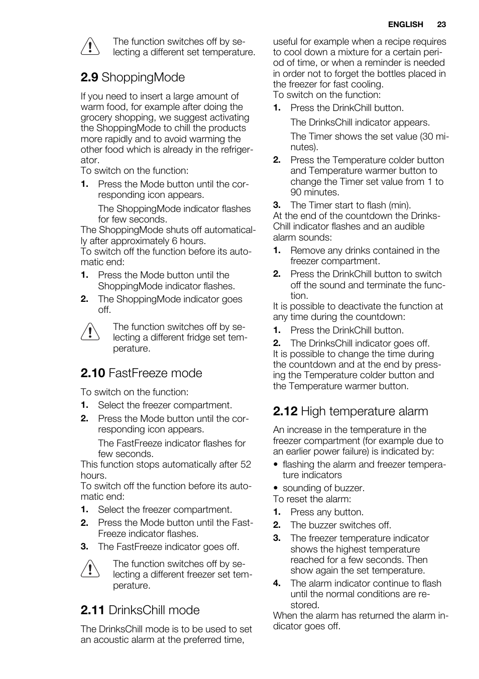 9 shoppingmode, 10 fastfreeze mode, 11 drinkschill mode | 12 high temperature alarm | Electrolux ENG2913AOW User Manual | Page 23 / 72