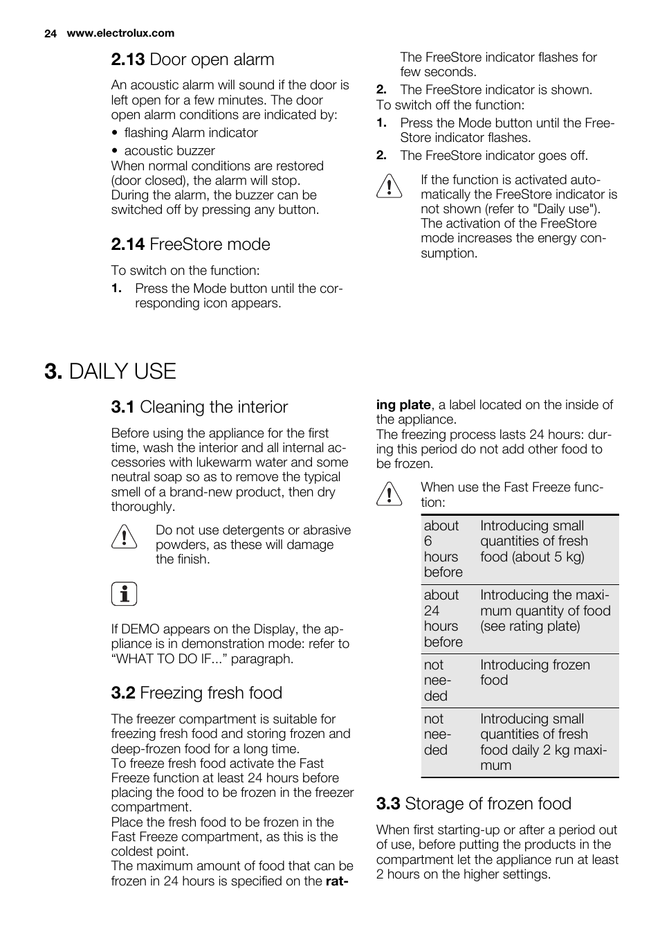 Daily use, 13 door open alarm, 14 freestore mode | 1 cleaning the interior, 2 freezing fresh food, 3 storage of frozen food | Electrolux ENG2913AOW User Manual | Page 24 / 72