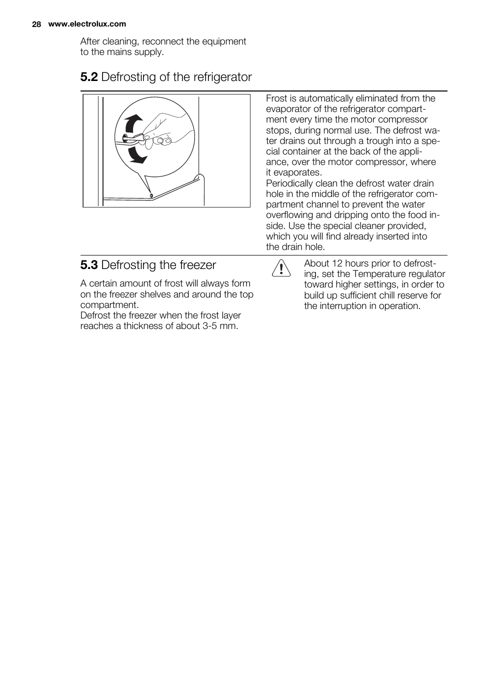 2 defrosting of the refrigerator, 3 defrosting the freezer | Electrolux ENG2913AOW User Manual | Page 28 / 72