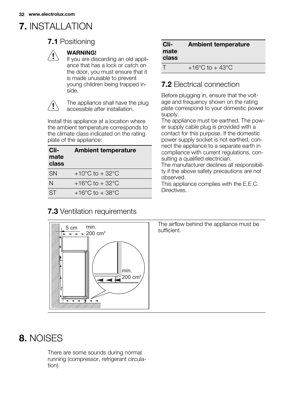 Installation, Noises, 1 positioning | 2 electrical connection, 3 ventilation requirements | Electrolux ENG2913AOW User Manual | Page 32 / 72