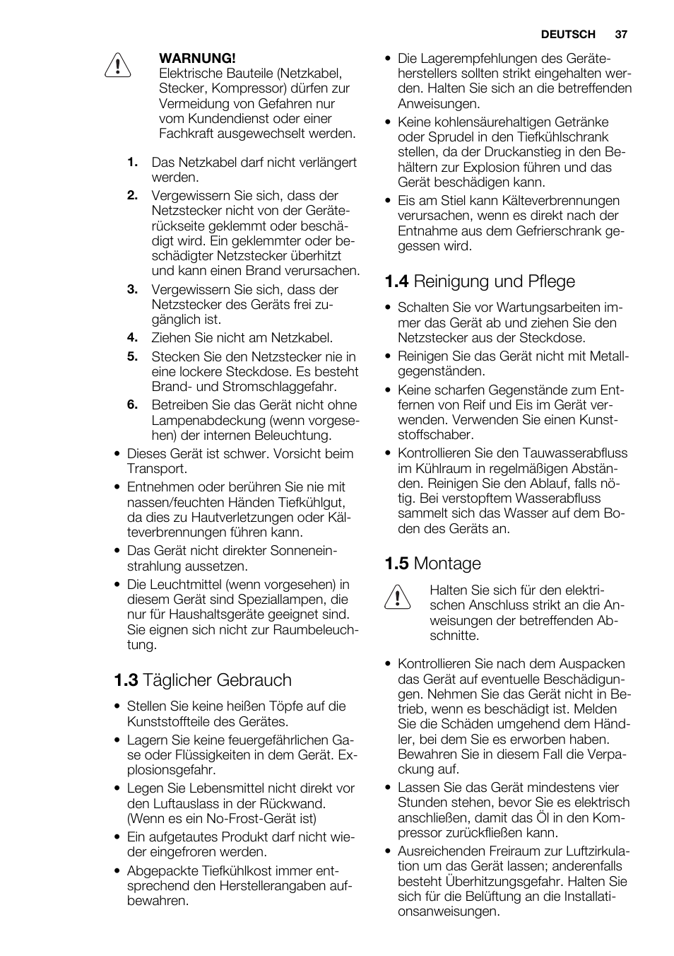 3 täglicher gebrauch, 4 reinigung und pflege, 5 montage | Electrolux ENG2913AOW User Manual | Page 37 / 72