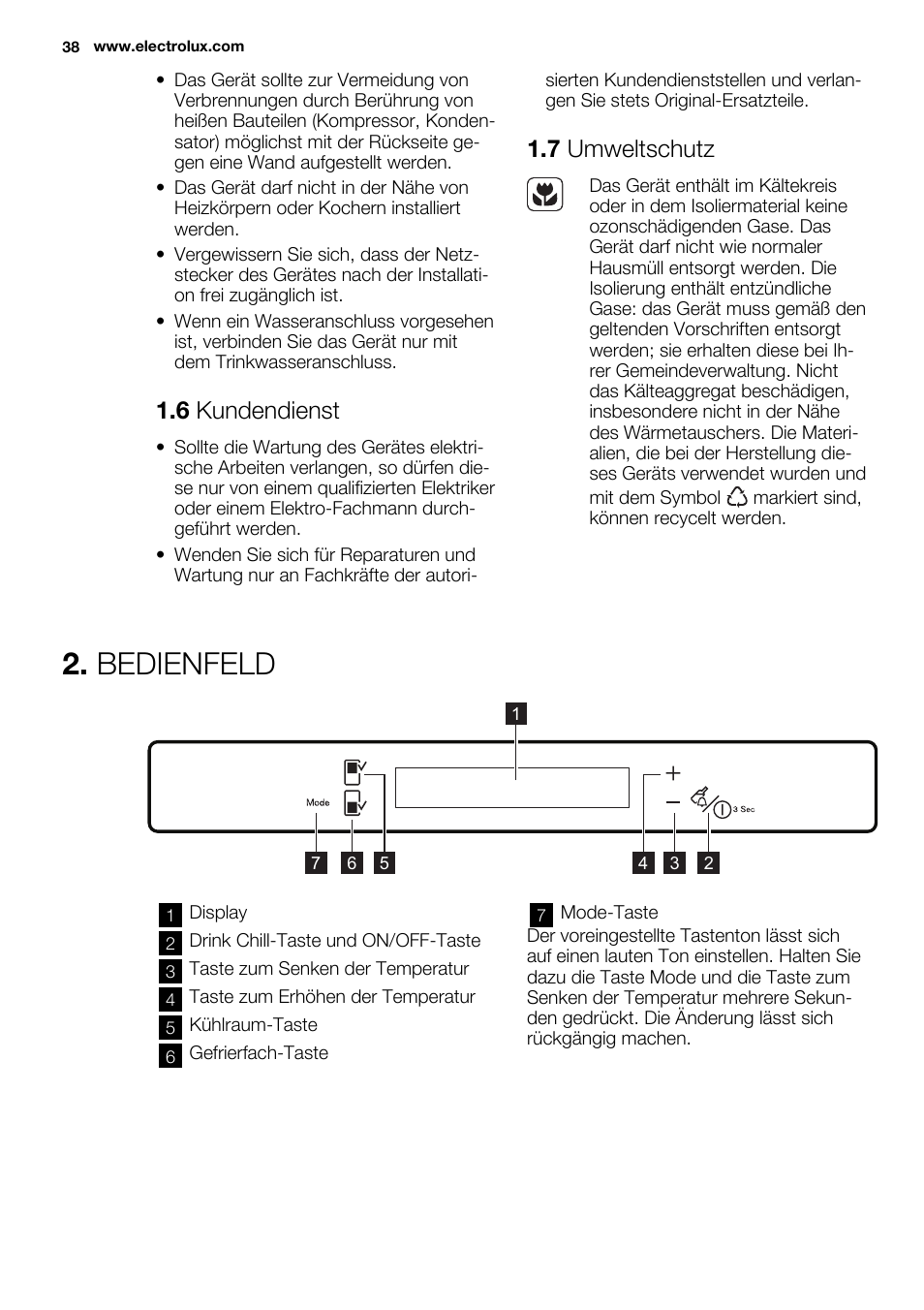 Bedienfeld, 6 kundendienst, 7 umweltschutz | Electrolux ENG2913AOW User Manual | Page 38 / 72