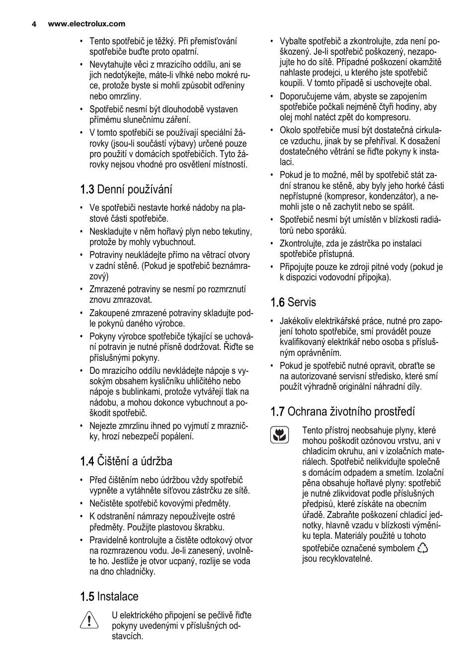 3 denní používání, 4 čištění a údržba, 5 instalace | 6 servis, 7 ochrana životního prostředí | Electrolux ENG2913AOW User Manual | Page 4 / 72