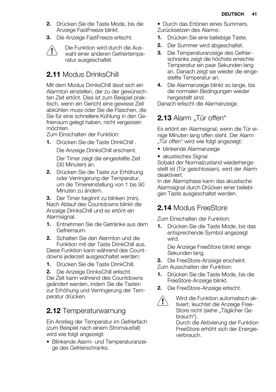 11 modus drinkschill, 12 temperaturwarnung, 13 alarm „tür offen | 14 modus freestore | Electrolux ENG2913AOW User Manual | Page 41 / 72
