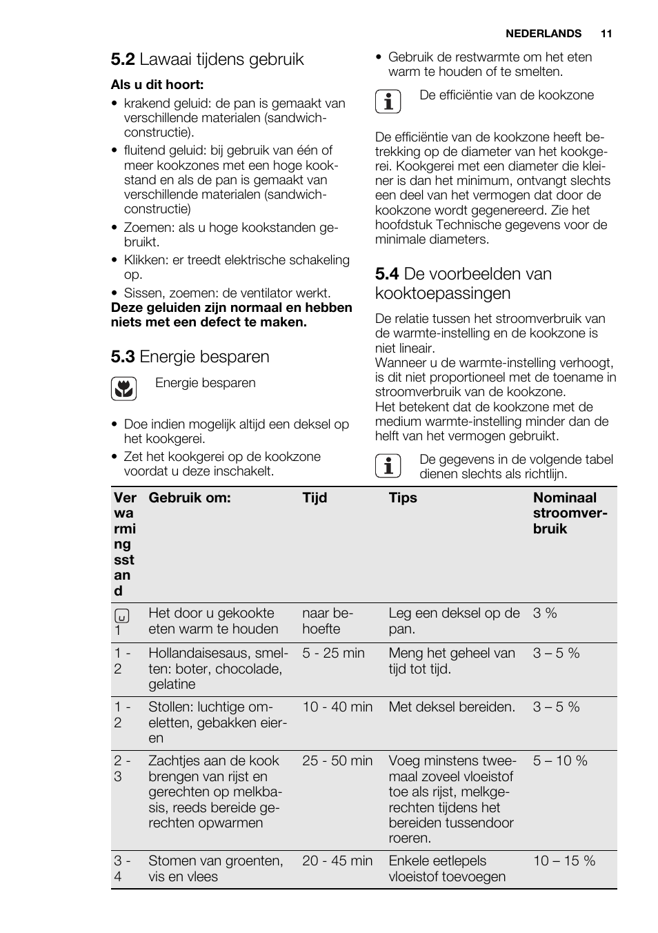 2 lawaai tijdens gebruik, 3 energie besparen, 4 de voorbeelden van kooktoepassingen | Electrolux EHH6340FOK User Manual | Page 11 / 68