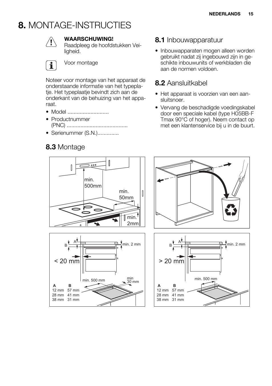 Montage-instructies, 1 inbouwapparatuur, 2 aansluitkabel | 3 montage, 20 mm | Electrolux EHH6340FOK User Manual | Page 15 / 68