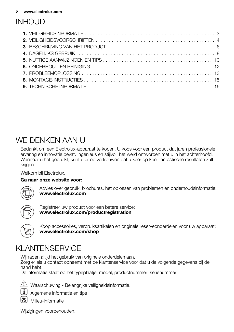Inhoud, We denken aan u, Klantenservice | Electrolux EHH6340FOK User Manual | Page 2 / 68