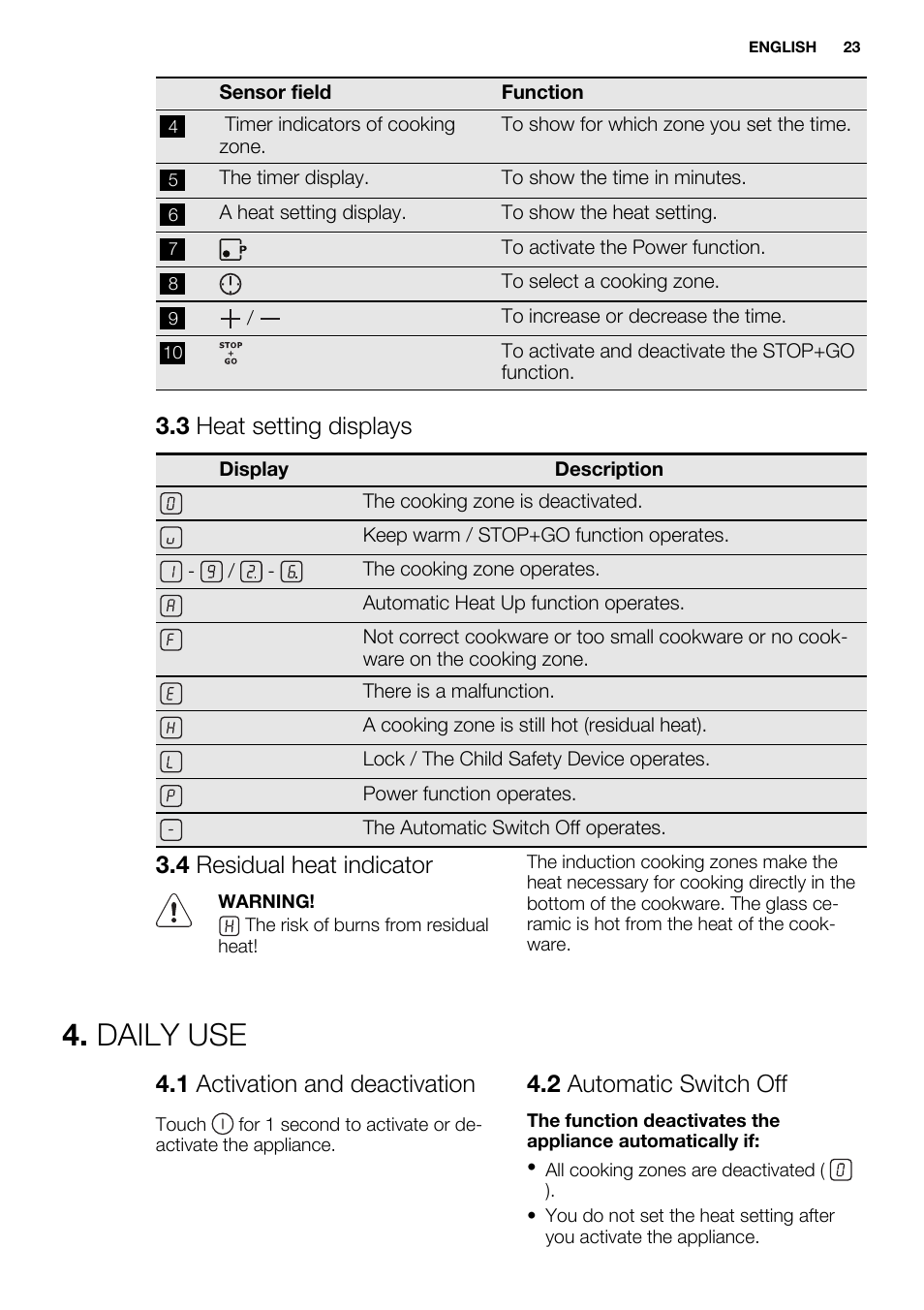 Daily use, 3 heat setting displays, 4 residual heat indicator | 1 activation and deactivation, 2 automatic switch off | Electrolux EHH6340FOK User Manual | Page 23 / 68