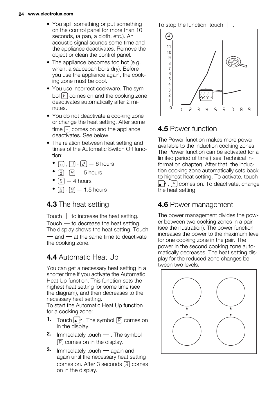 3 the heat setting, 4 automatic heat up, 5 power function | 6 power management | Electrolux EHH6340FOK User Manual | Page 24 / 68
