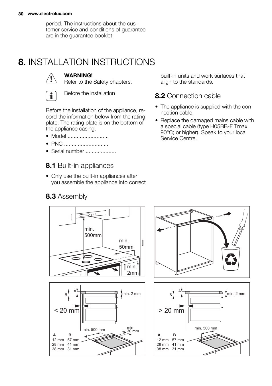Installation instructions, 1 built-in appliances, 2 connection cable | 3 assembly, 20 mm | Electrolux EHH6340FOK User Manual | Page 30 / 68