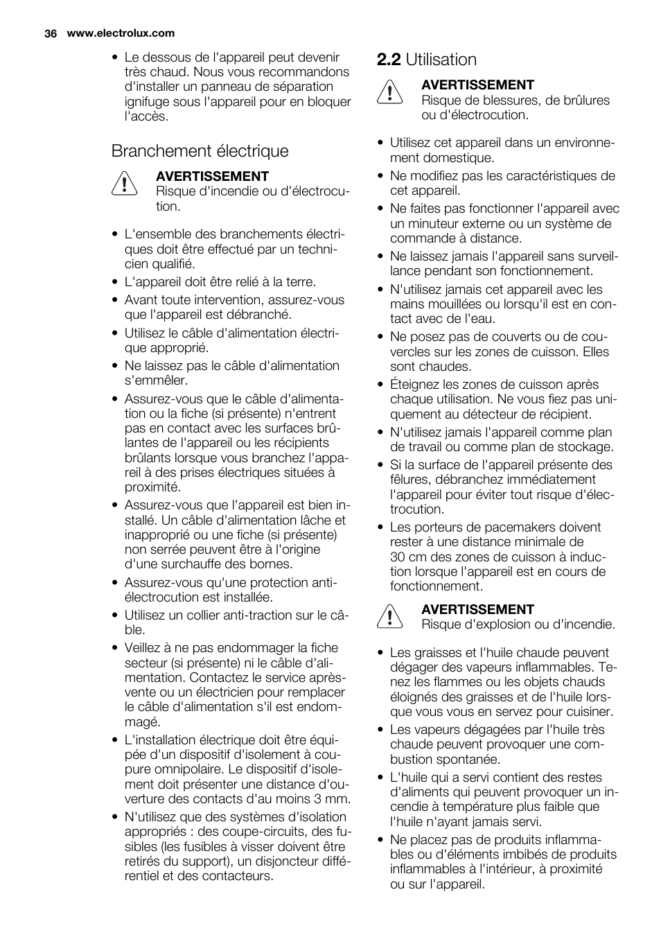 Branchement électrique, 2 utilisation | Electrolux EHH6340FOK User Manual | Page 36 / 68