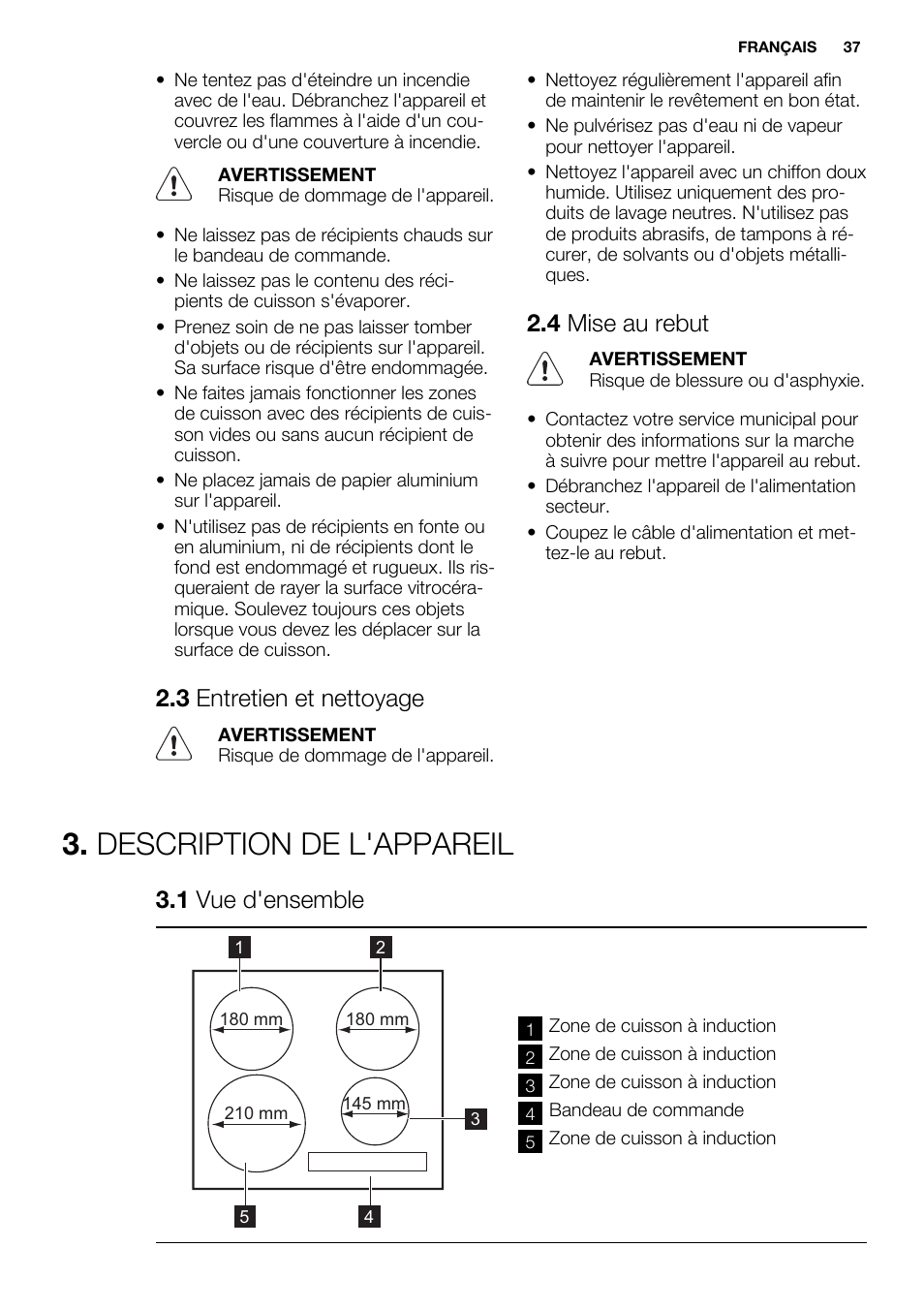 Description de l'appareil, 3 entretien et nettoyage, 4 mise au rebut | 1 vue d'ensemble | Electrolux EHH6340FOK User Manual | Page 37 / 68