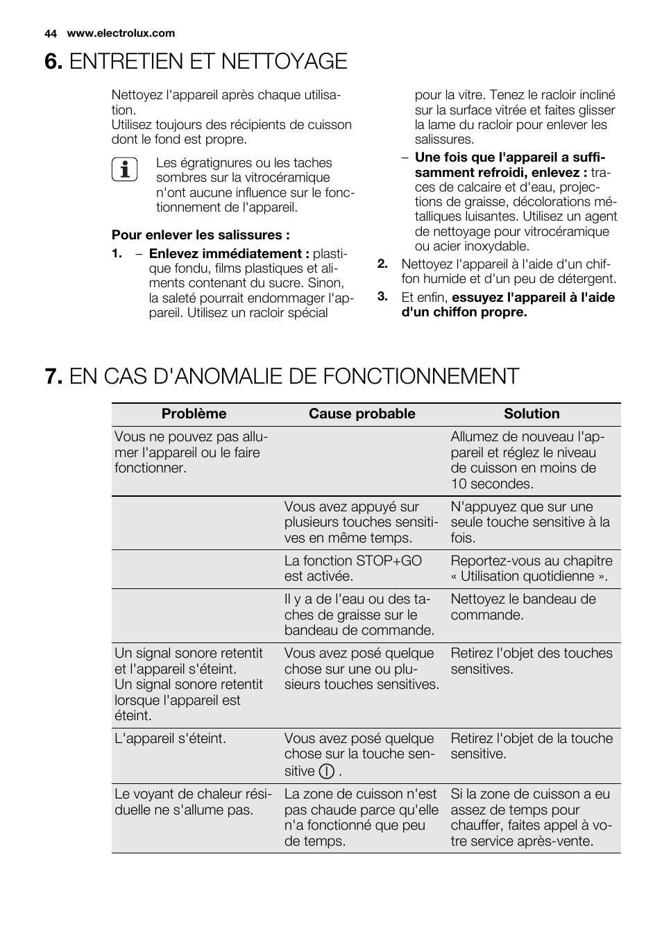 Entretien et nettoyage, En cas d'anomalie de fonctionnement | Electrolux EHH6340FOK User Manual | Page 44 / 68