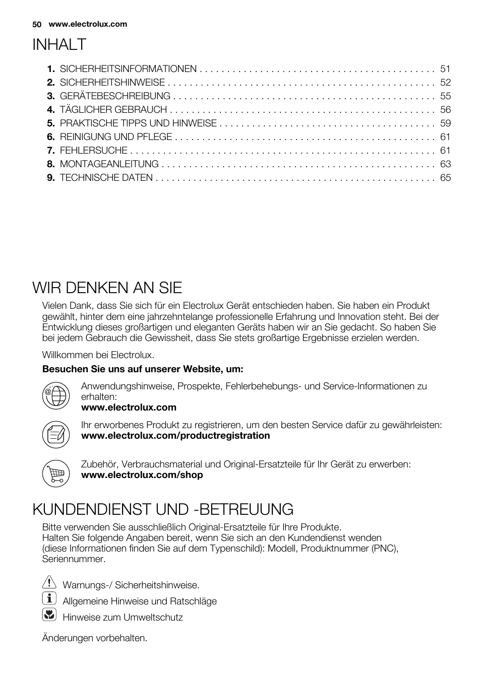 Inhalt, Wir denken an sie, Kundendienst und -betreuung | Electrolux EHH6340FOK User Manual | Page 50 / 68