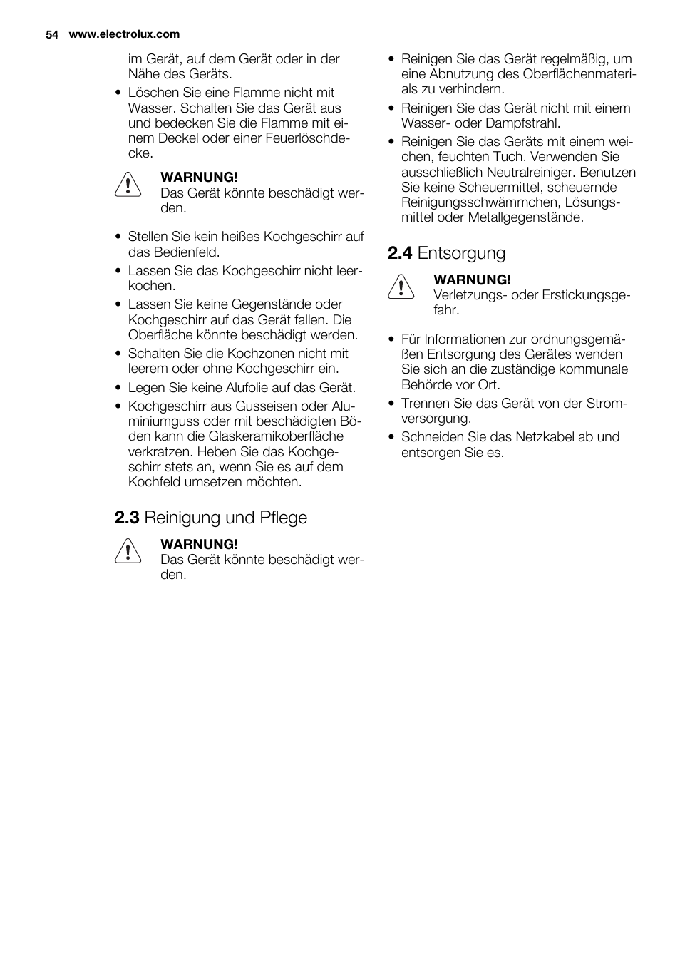 3 reinigung und pflege, 4 entsorgung | Electrolux EHH6340FOK User Manual | Page 54 / 68