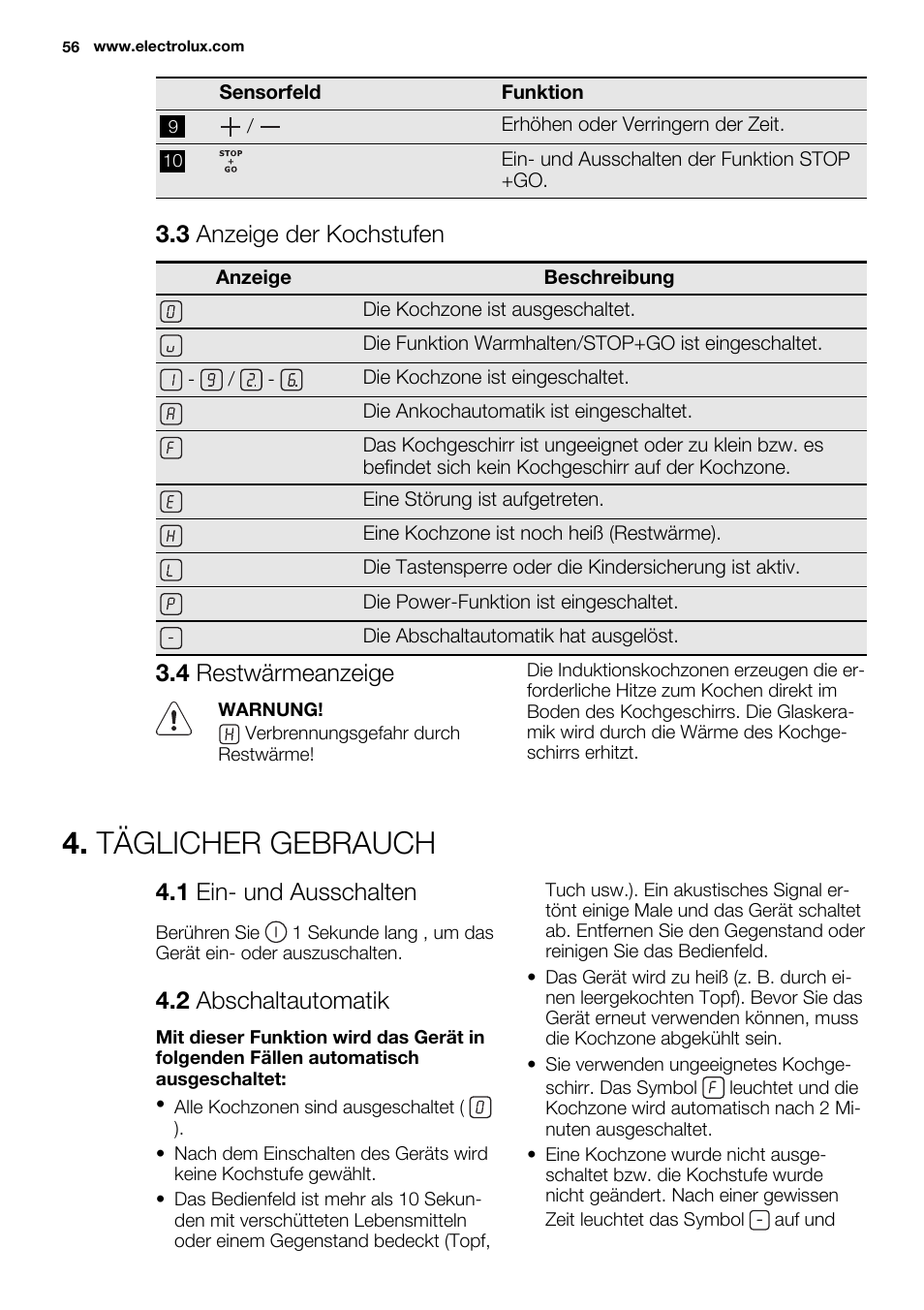 Täglicher gebrauch, 3 anzeige der kochstufen, 4 restwärmeanzeige | 1 ein- und ausschalten, 2 abschaltautomatik | Electrolux EHH6340FOK User Manual | Page 56 / 68