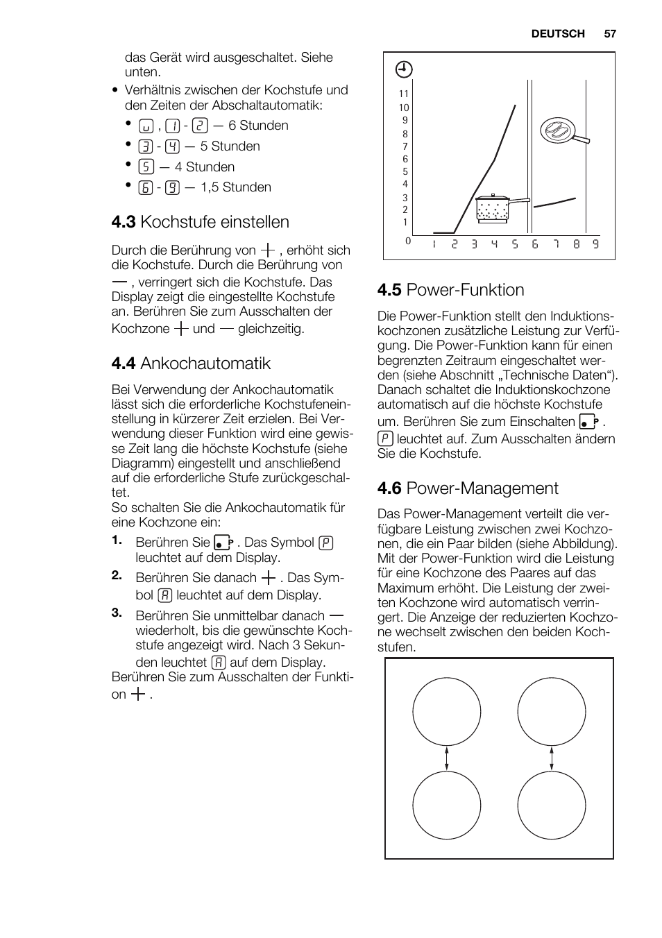 3 kochstufe einstellen, 4 ankochautomatik, 5 power-funktion | 6 power-management | Electrolux EHH6340FOK User Manual | Page 57 / 68