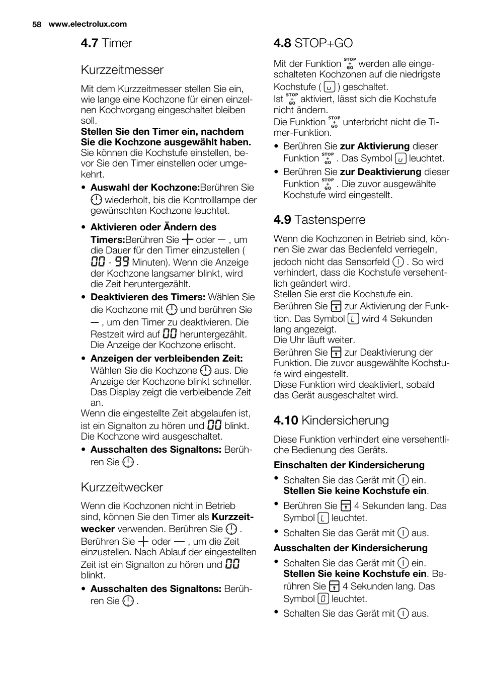 7 timer kurzzeitmesser, Kurzzeitwecker, 8 stop+go | 9 tastensperre, 10 kindersicherung | Electrolux EHH6340FOK User Manual | Page 58 / 68