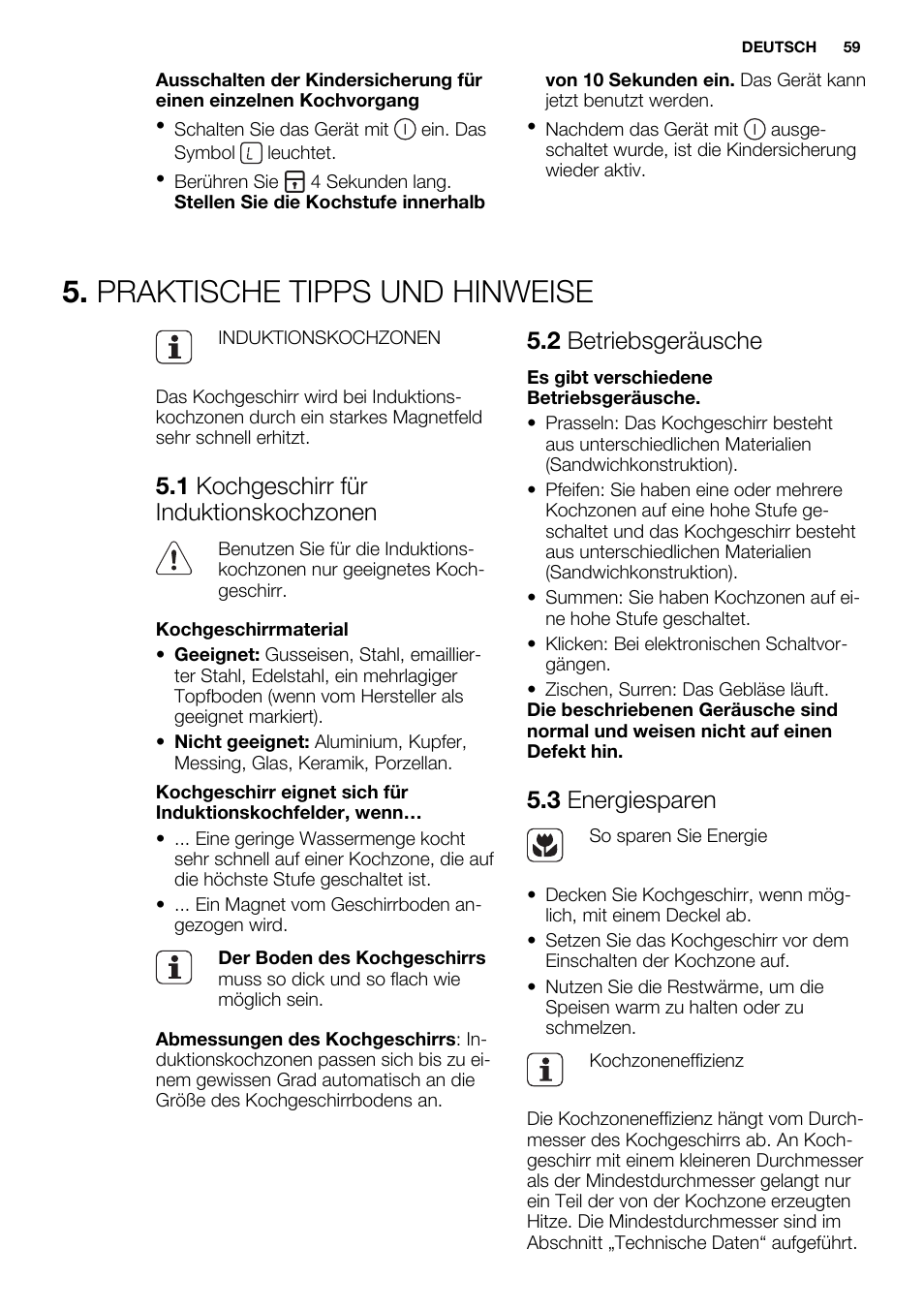 Praktische tipps und hinweise, 1 kochgeschirr für induktionskochzonen, 2 betriebsgeräusche | 3 energiesparen | Electrolux EHH6340FOK User Manual | Page 59 / 68